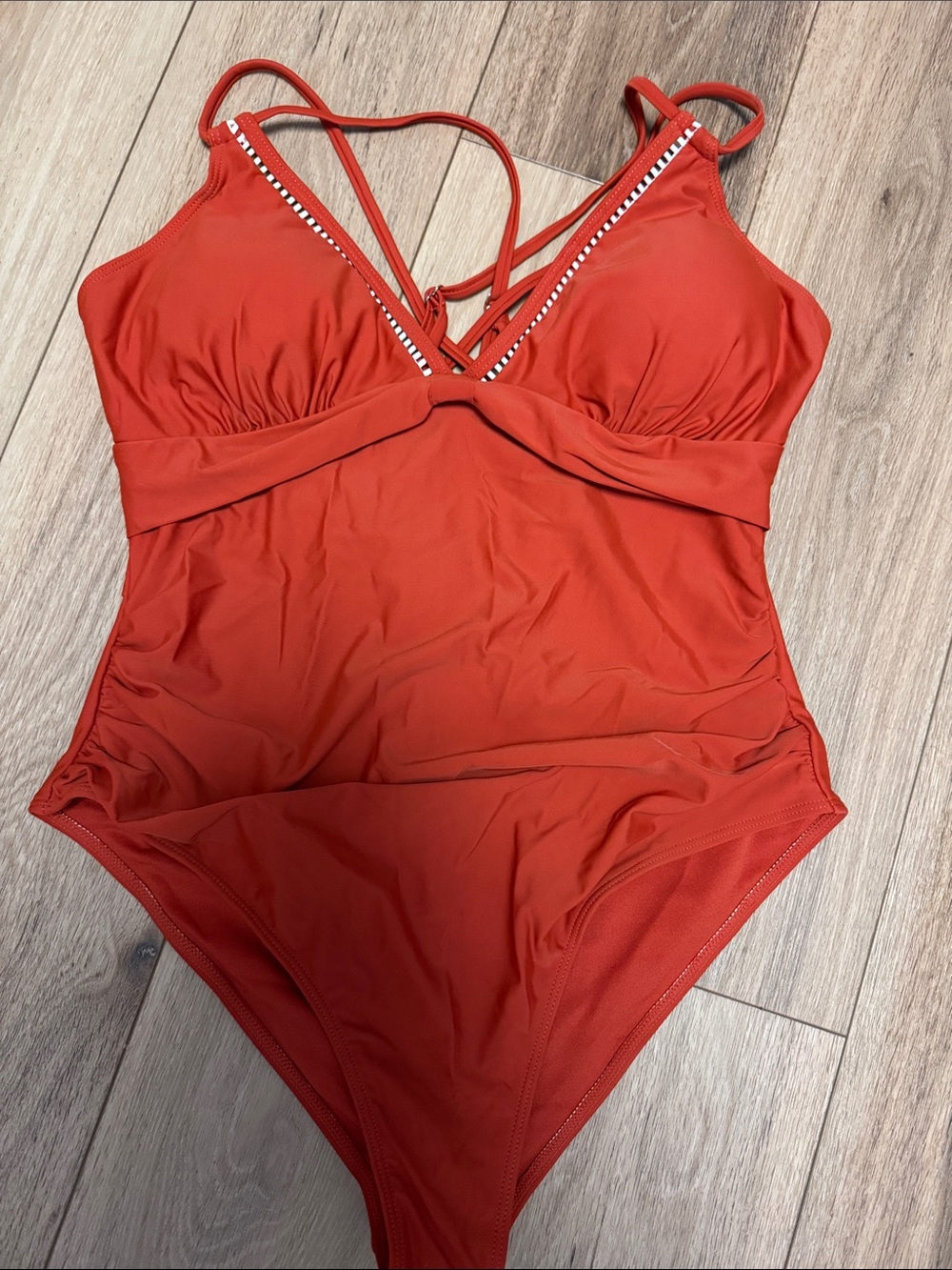 Daci NWOT M (L) Rust ORANGE white mesh cut outs strappy One-Piece Swimsuit